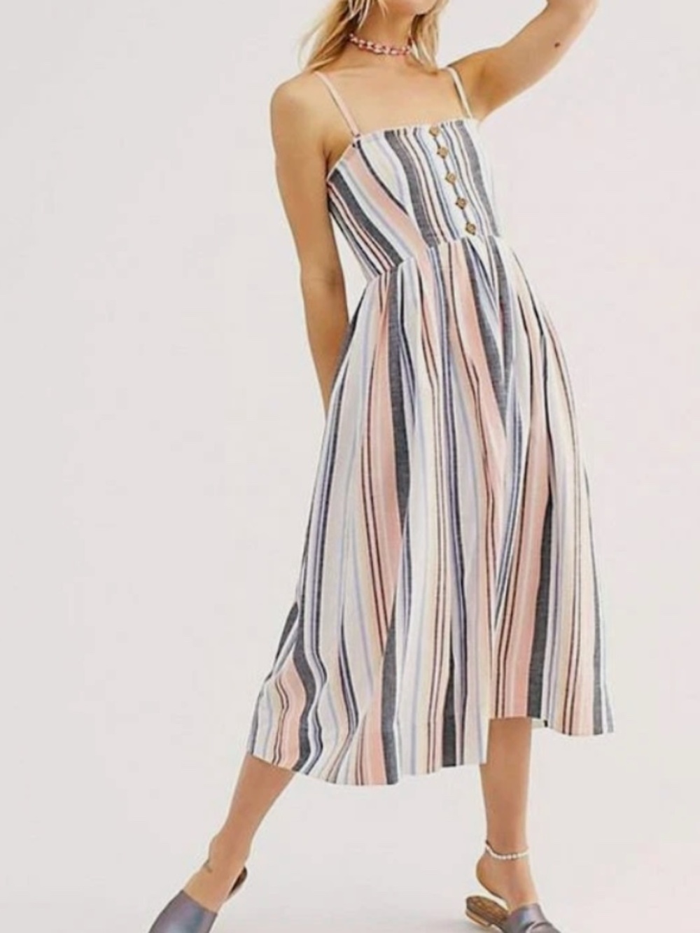 FREE PEOPLE MULTI STRIPE LILAH PLEATED TUBE MIDI DRESS - S